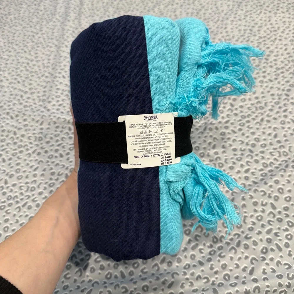 Victoria's Secret PINK Boyfriend‎ Blanket Aqua Navy Blue Logo Fringe 50x60 NEW